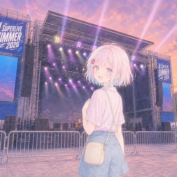 夕暮れのフェス会場のステージを見上げる美桜