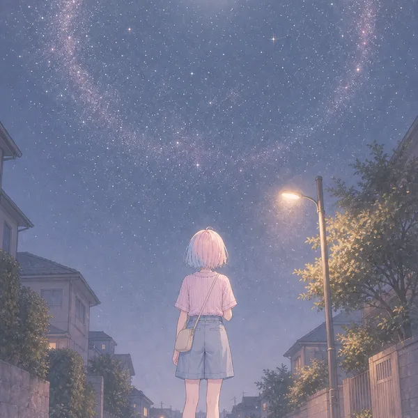 夜の住宅街で、月のまわりに光の輪がかかった星空を見上げる美桜のうしろすがた