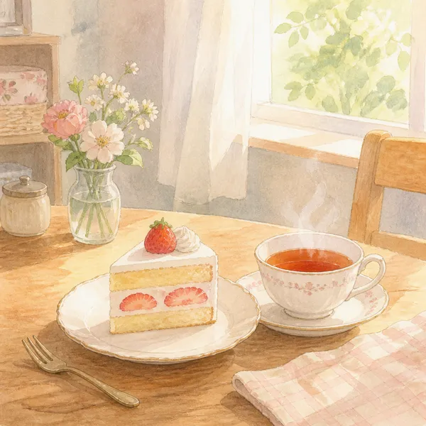 窓辺の木のテーブルに置かれたいちごのショートケーキとカップ