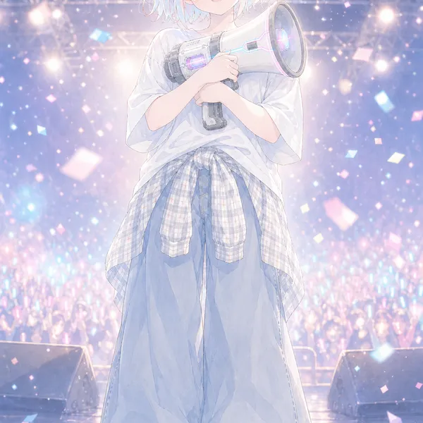 紙吹雪の舞うステージでメガホンを抱えて笑う美桜