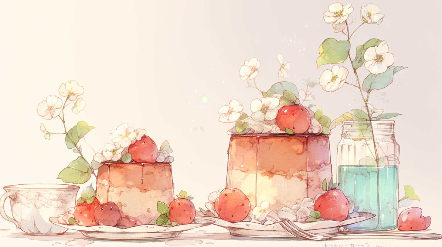 いちごのケーキとお花のイラスト